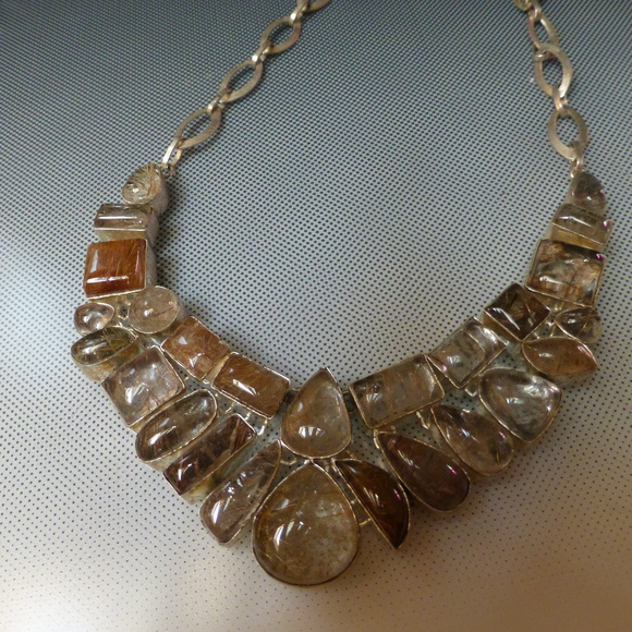 AUTUMN SYMPHONY RUTILATED BEIGE QUARTZ SILVER BIB NECKLACE VENUS…